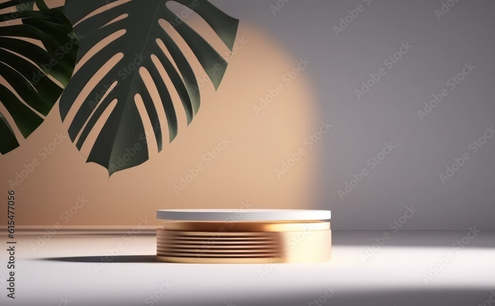 abstract modern minimal white background with golden rings, empty pedestal and palm leaf shadow. Vac