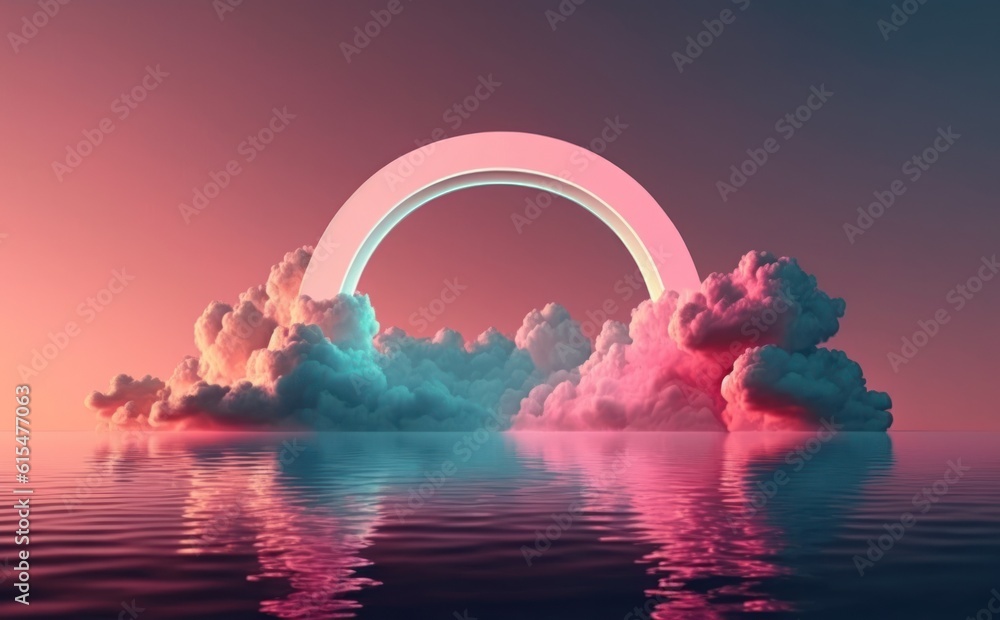 abstract background with pink cloud levitating inside bright glowing neon arch, with reflection in t