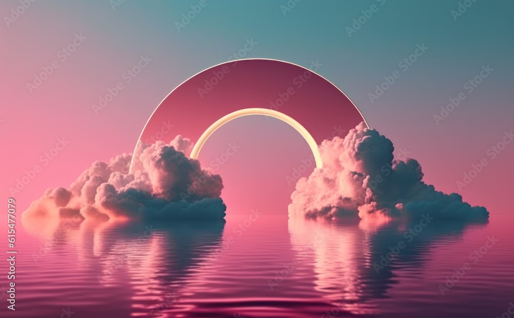 abstract background with pink cloud levitating inside bright glowing neon arch, with reflection in t