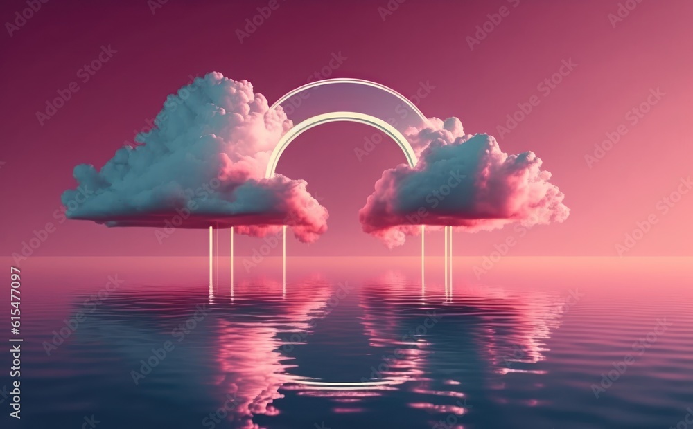 abstract background with pink cloud levitating inside bright glowing neon arch, with reflection in t