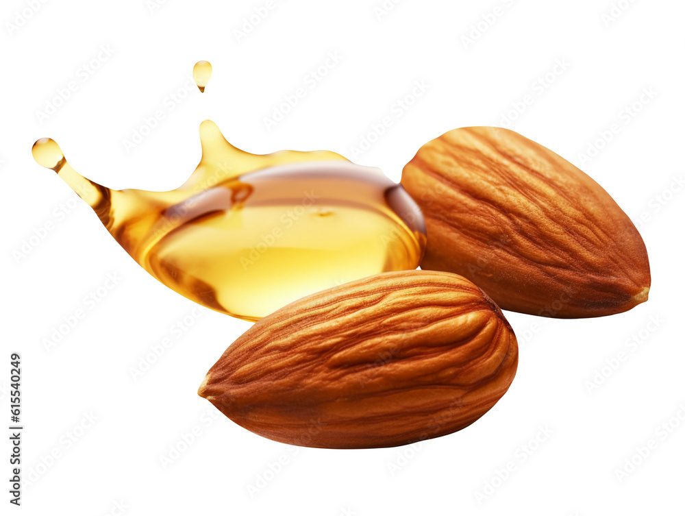 Almonds with an oil drop isolated on transparent or white background, png