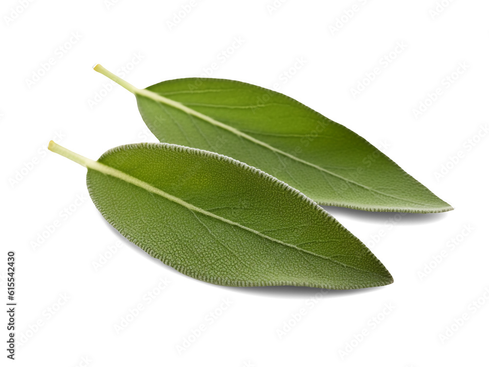 Two whole fresh sage leaves isolated on transparent or white background, png