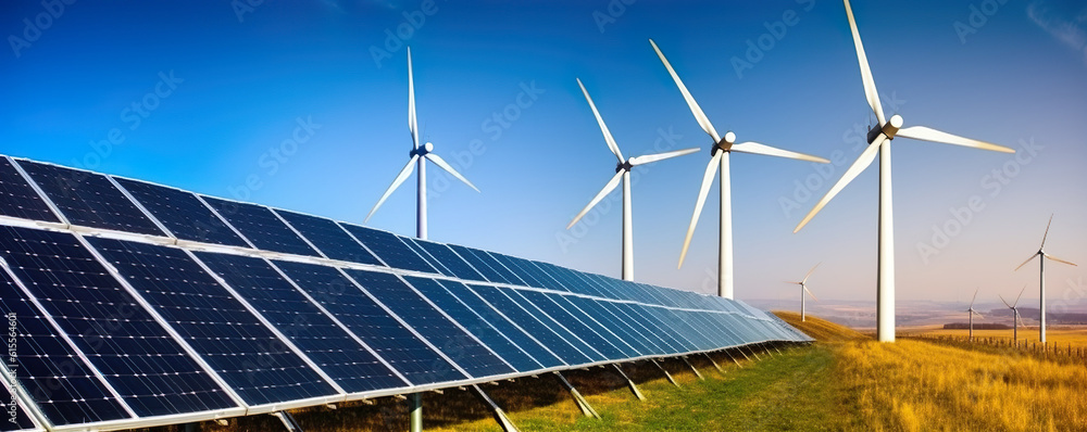 Powering the Future: A Striking Photograph of Solar Panels on a Farm with Wind Turbines, an Energeti