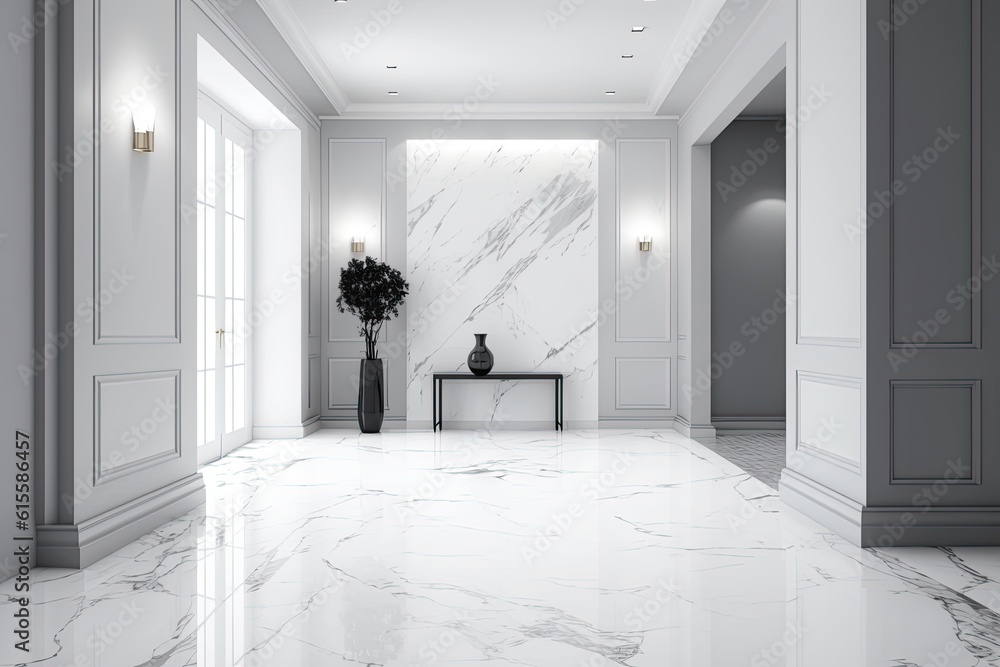 minimalist home decor with a black vase and flower arrangement on a white marble floor. Generative A