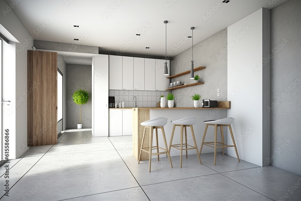 contemporary kitchen with a sleek bar and trendy stools. Generative AI