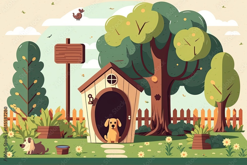 cozy dog house with a happy pup inside. Generative AI