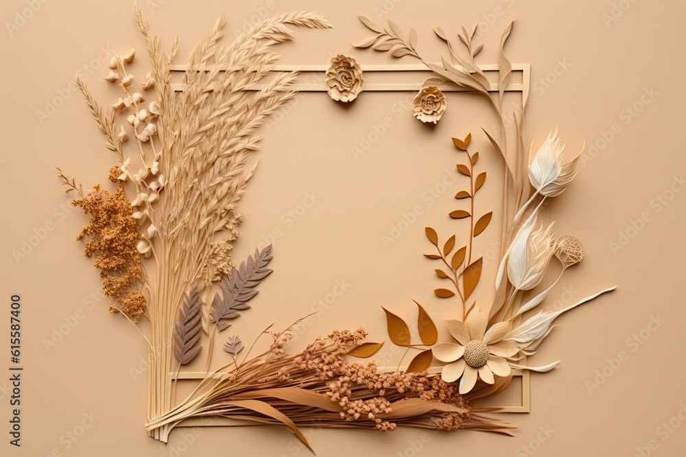 decorative picture frame made of paper flowers and leaves. Generative AI