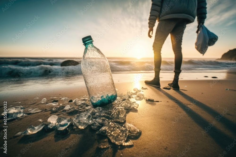 person standing on a tropical beach holding a bottle of water. Generative AI