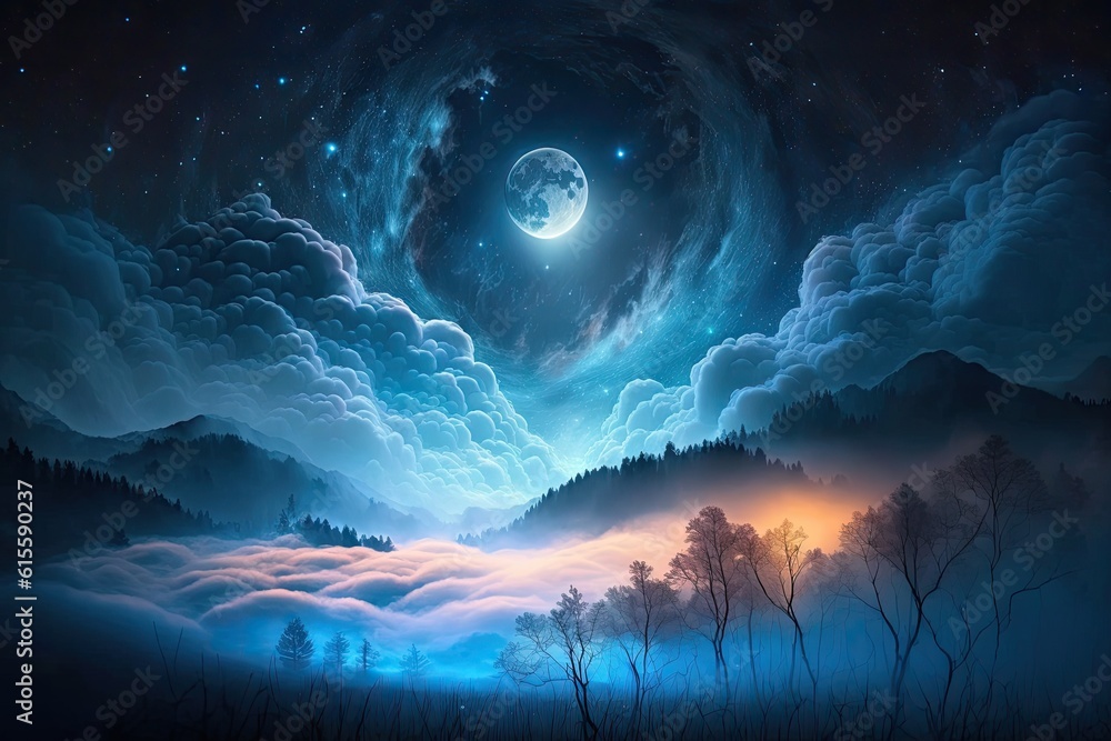 full moon illuminating a cloudy night sky in a painting. Generative AI