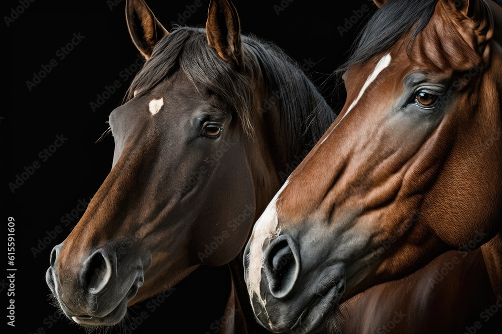 two majestic brown horses standing side by side in a grassy field. Generative AI