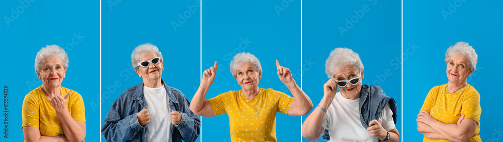 Collage of stylish senior woman on light blue background