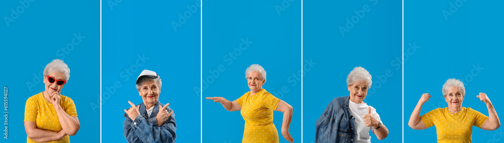 Collage of stylish senior woman on light blue background