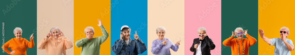 Collage of stylish senior woman on color background