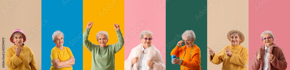 Collage of stylish senior woman on color background