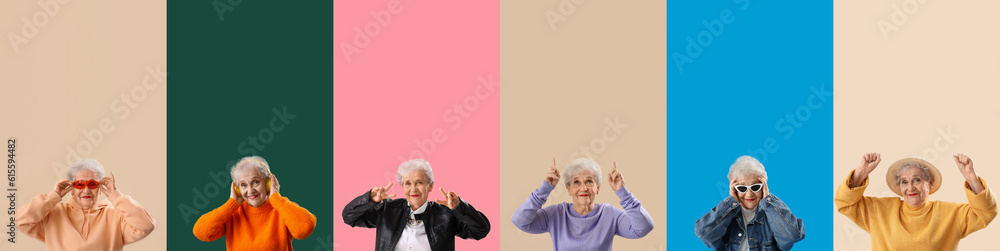 Collage of stylish senior woman on color background