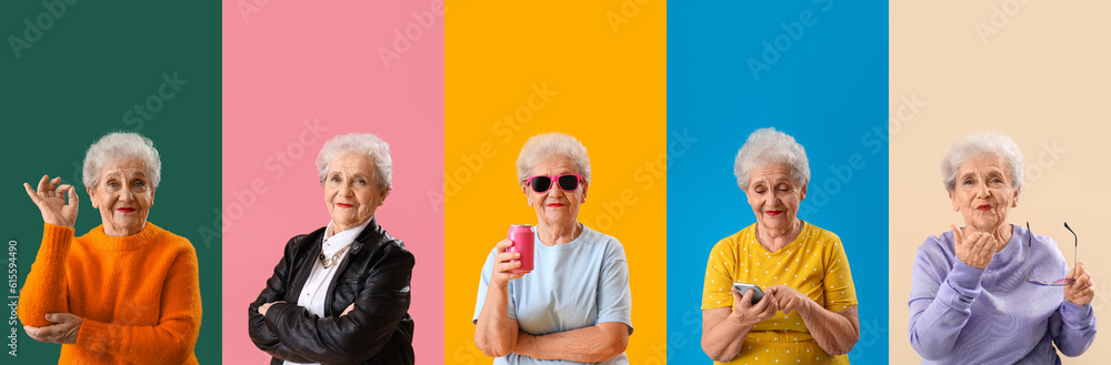 Collage of stylish senior woman on color background