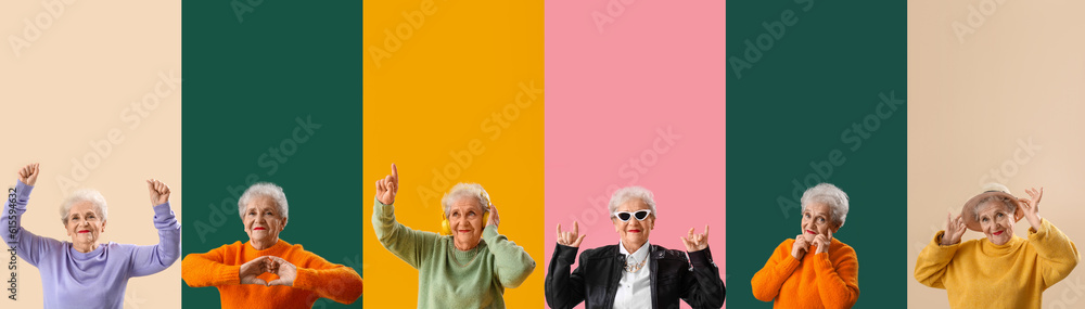 Collage of stylish senior woman on color background