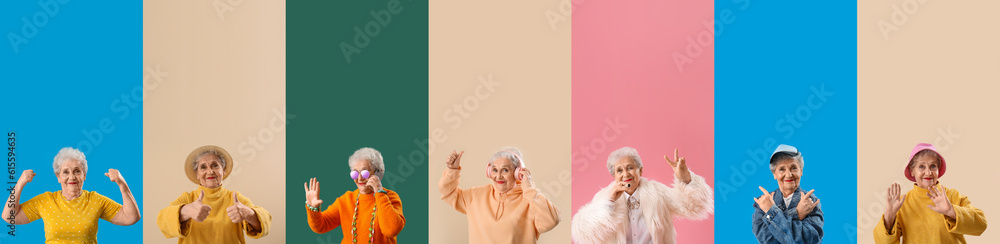 Collage of stylish senior woman on color background