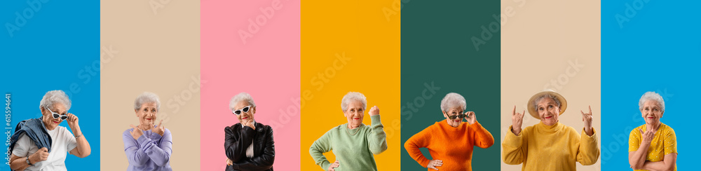 Collage of stylish senior woman on color background