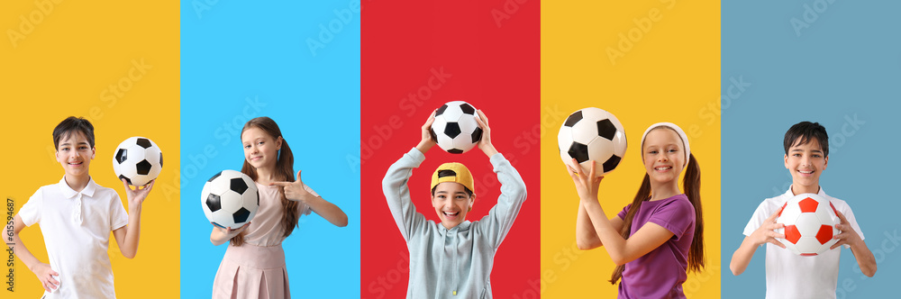 Set of children with soccer balls on color background