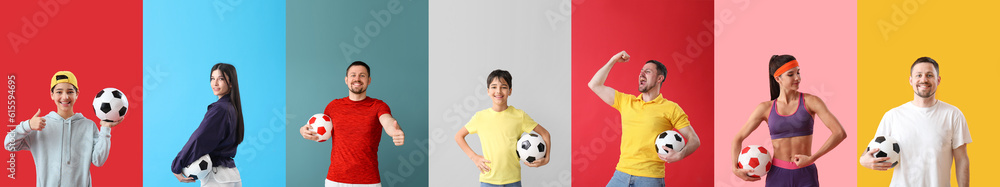 Set of people with soccer balls on color background