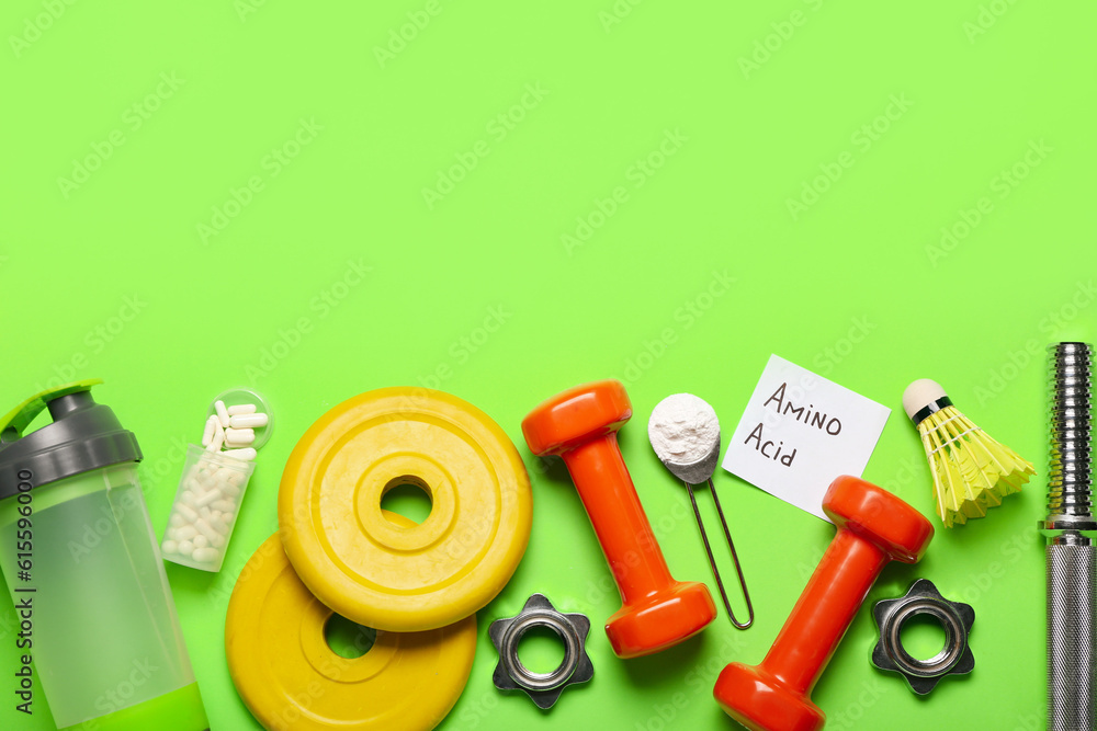 Composition with sports equipment, bottle of water and amino acid supplements on color background