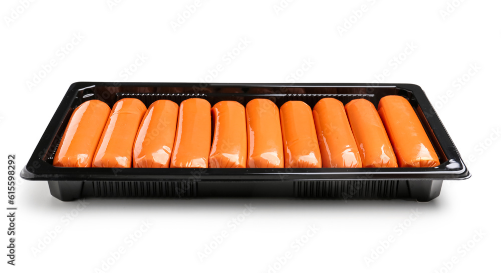 Packing box with tasty sausages on white background