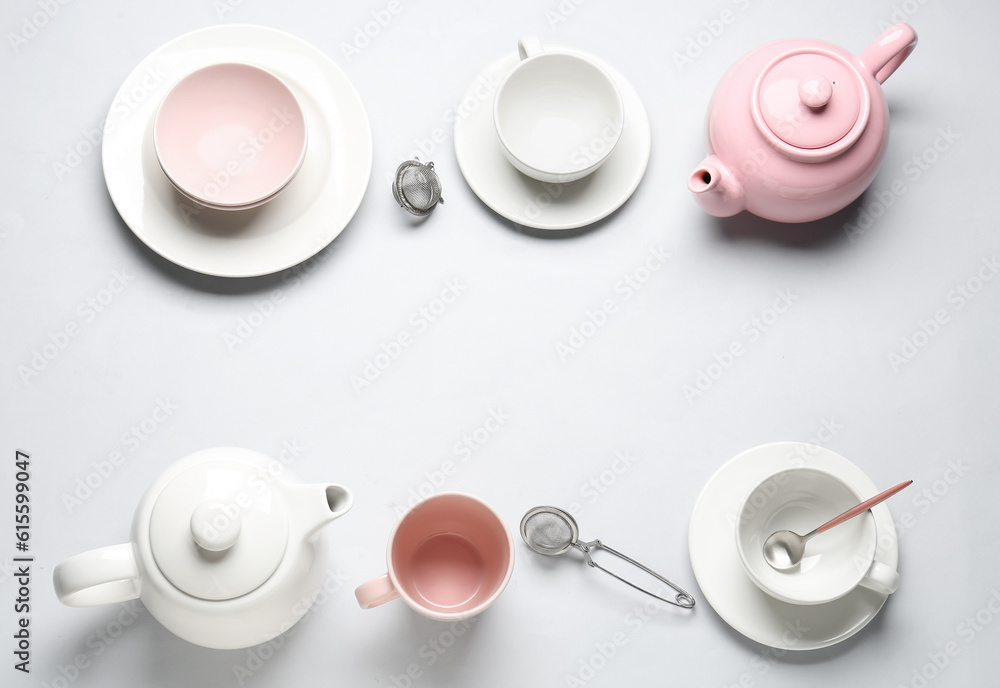 Composition with stylish tea set on grey background