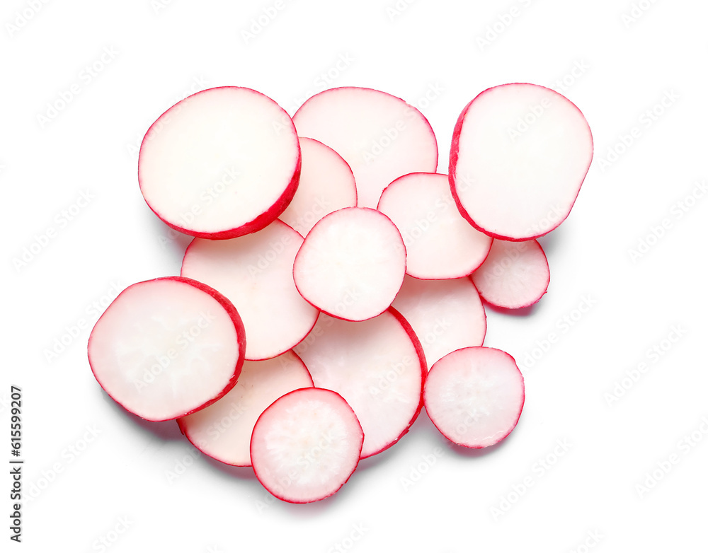 Slices of fresh radish isolated on white background