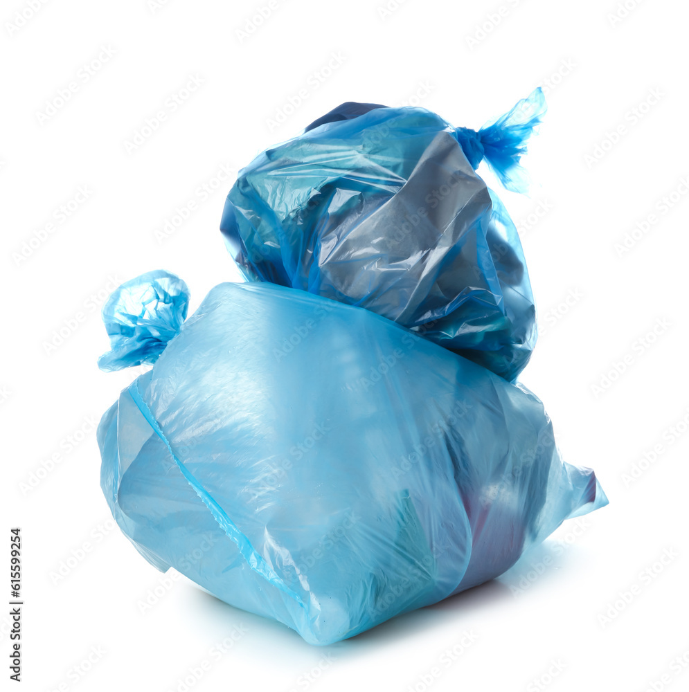 Garbage bags with different trash isolated on white background