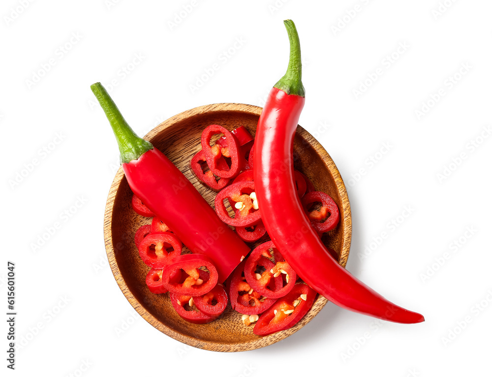 Bowl with sliced fresh chili peppers on white background