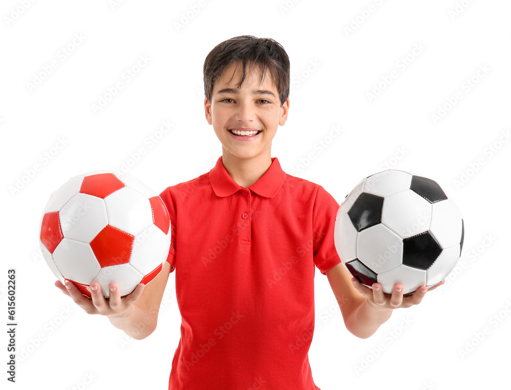 Little boy with soccer balls on white background