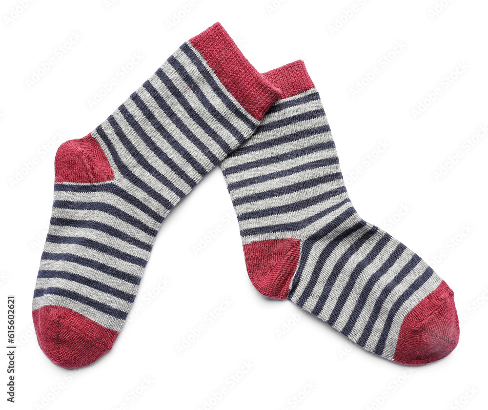 Pair of striped socks isolated on white background