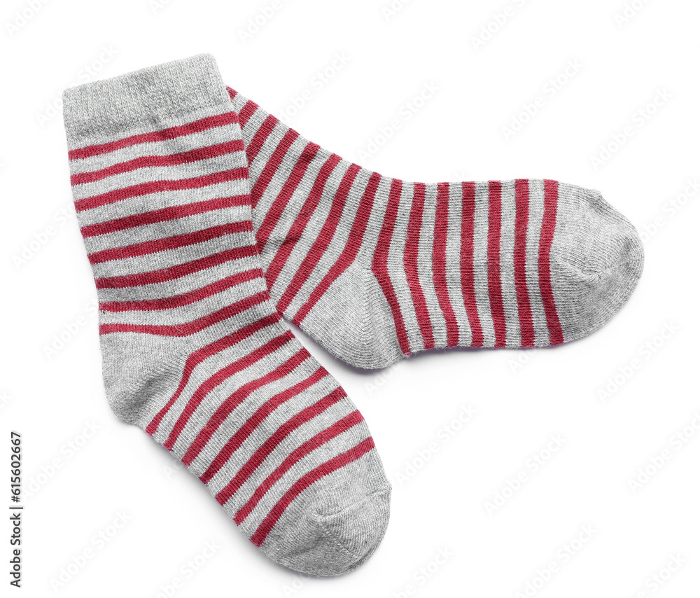 Pair of cotton striped socks on white background