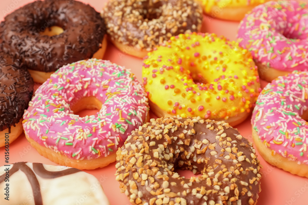 Sweet donuts as background, closeup