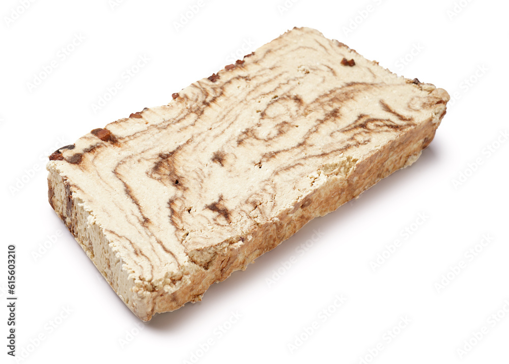 Piece of tasty marble halva on white background