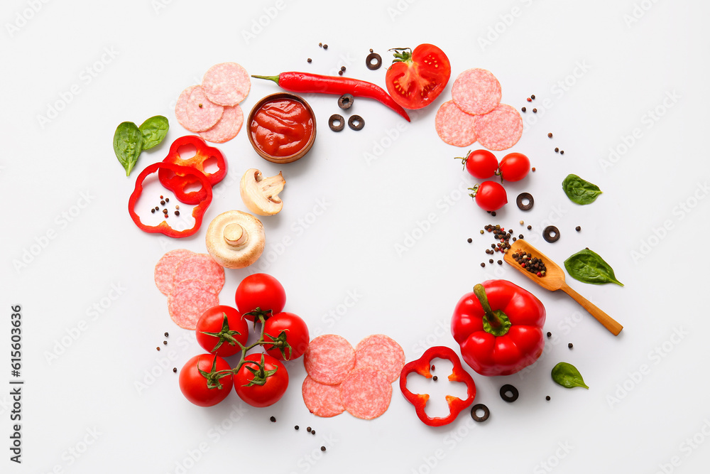 Frame made of fresh ingredients for preparing pizza on white background