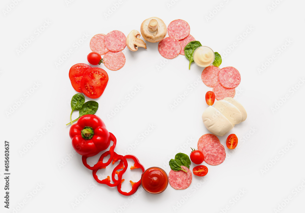 Frame made of fresh ingredients for preparing pizza on white background