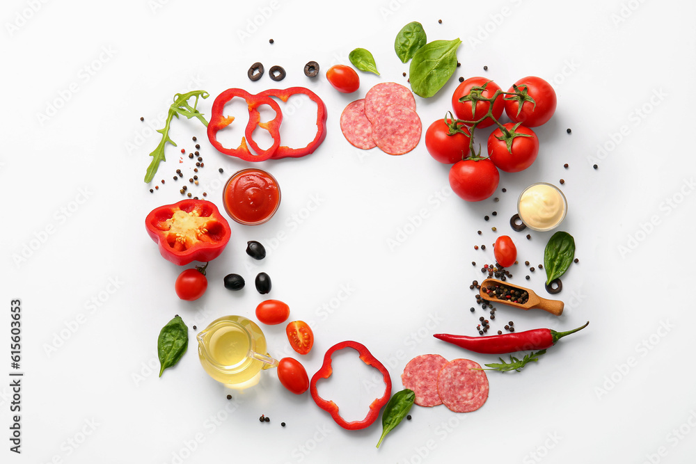 Frame made of fresh ingredients for preparing pizza on white background