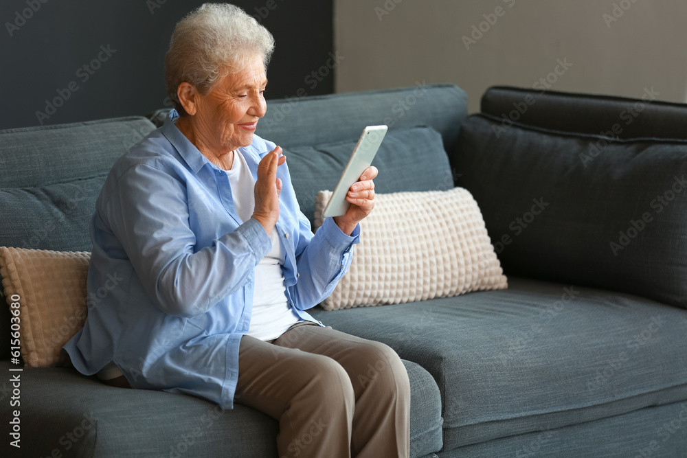 Senior woman with tablet computer video chatting at home