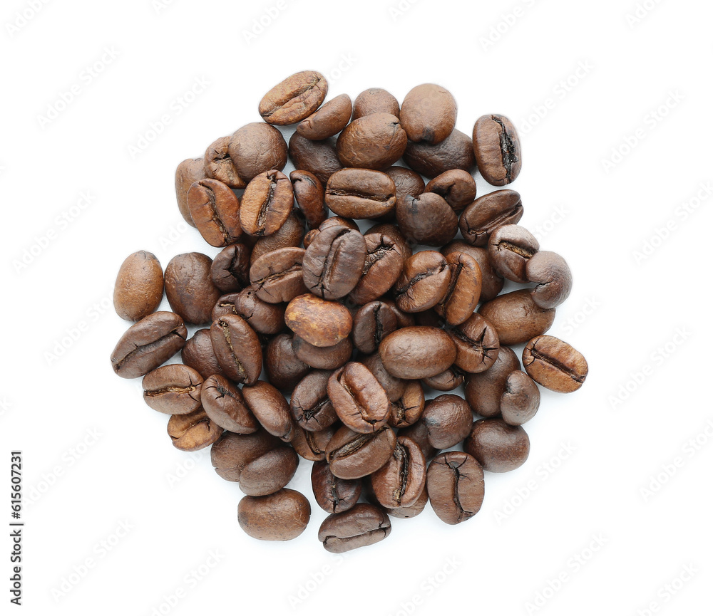 Heap of coffee beans on white background