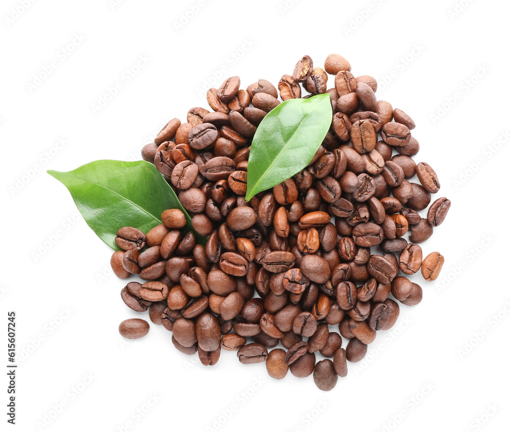 Heap of coffee beans and leaves on white background