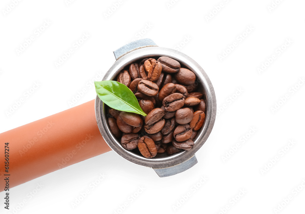 Portafilter with coffee beans on white background