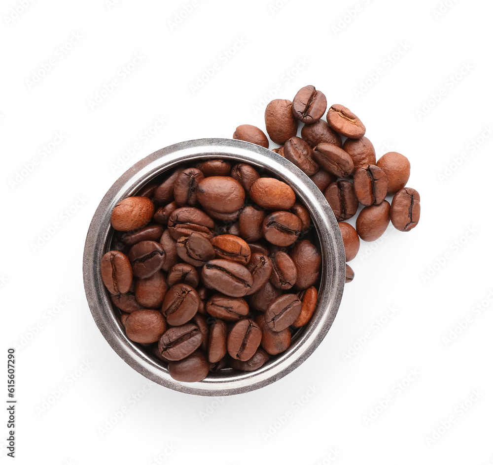 Bowl with coffee beans on white background