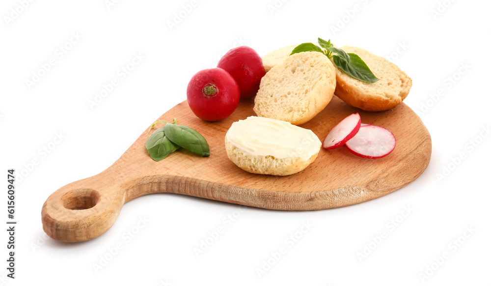 Wooden board of tasty croutons with cream cheese and radish on white background