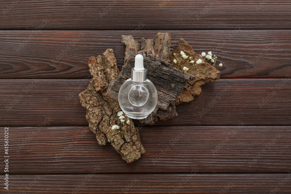 Bottle of cosmetic oil with eucalyptus twig and tree bark on brown wooden background