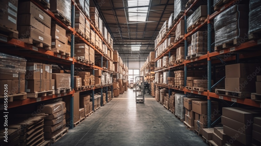 Large warehouse, Retail large warehouse full of Shelves with Goods in Cardboard Boxes. Generative Ai