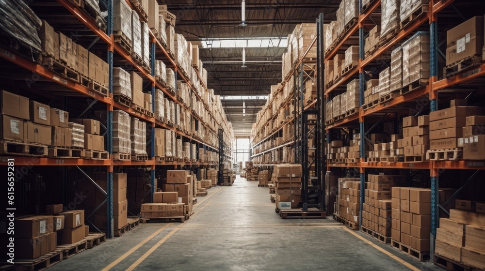 Large warehouse, Retail large warehouse full of Shelves with Goods in Cardboard Boxes. Generative Ai