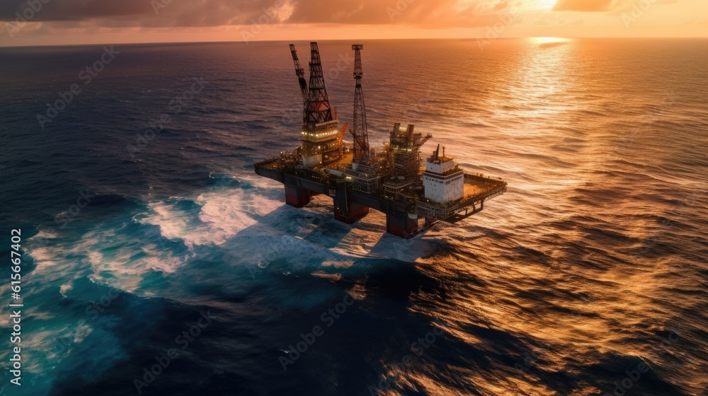 Aerial view offshore drilling rig at the offshore location during sunset. Generative Ai