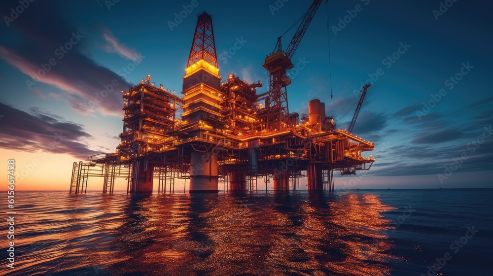 Large Offshore oil rig drilling platform at sunset and beautiful sky. Generative Ai